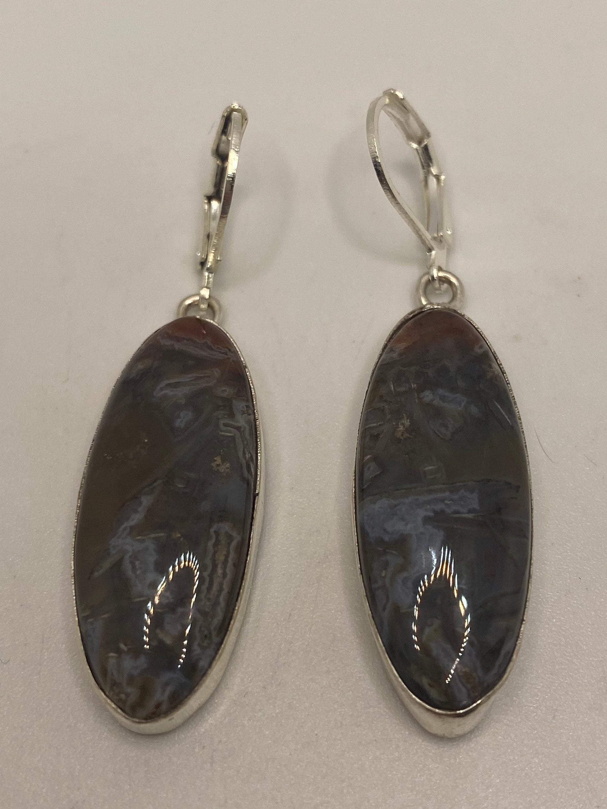 Antique Vintage Moss agate Silver Dangle Earrings