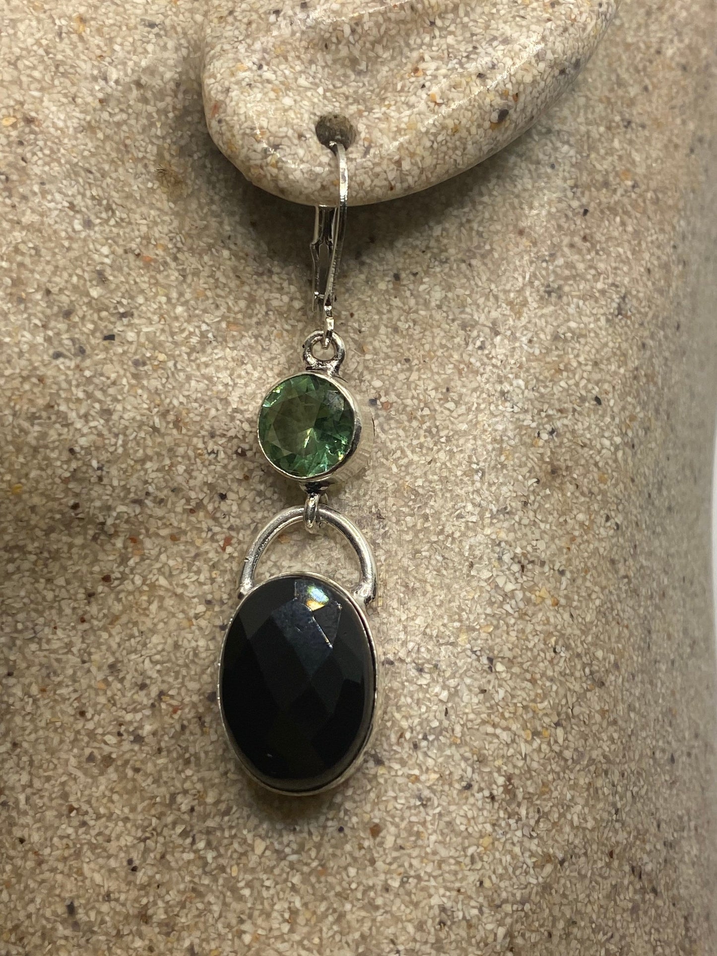 Vintage Black Onyx Green Peridot Earrings 925 Sterling Silver Deco Dangle Chandelier