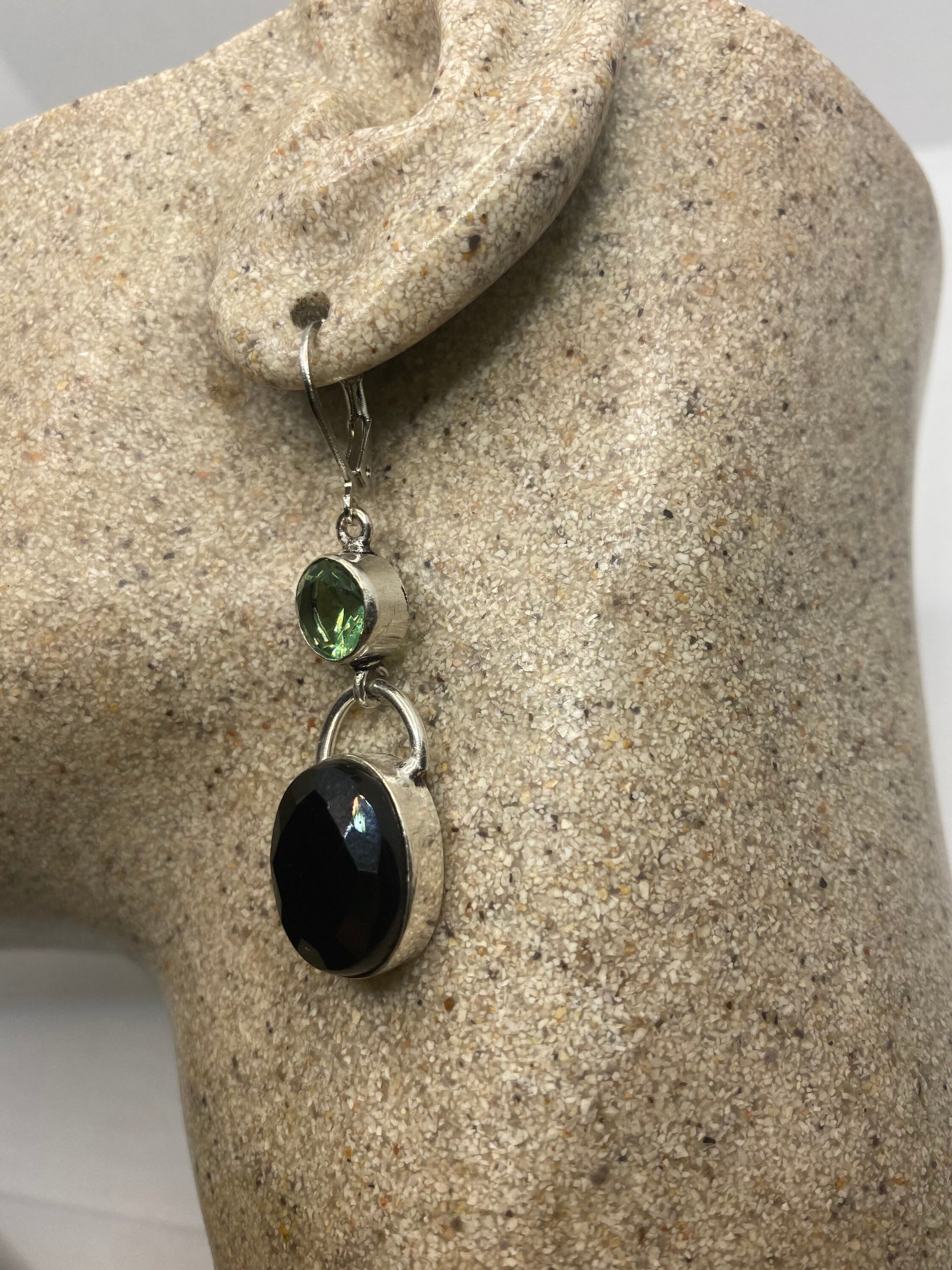 Vintage Black Onyx Green Peridot Earrings 925 Sterling Silver Deco Dangle Chandelier