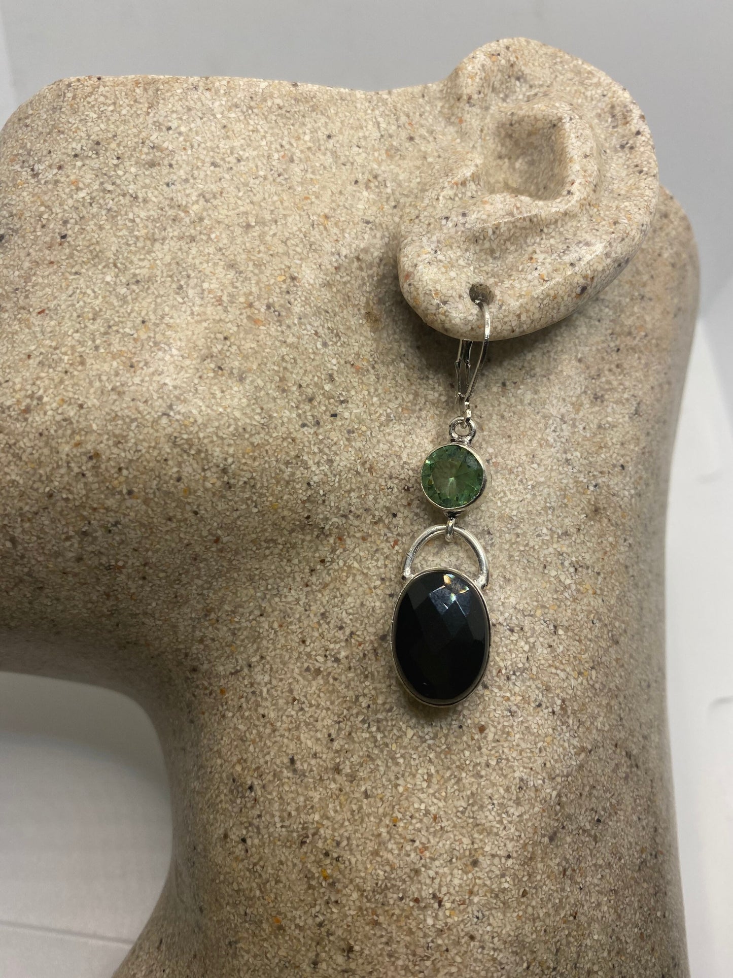 Vintage Black Onyx Green Peridot Earrings 925 Sterling Silver Deco Dangle Chandelier