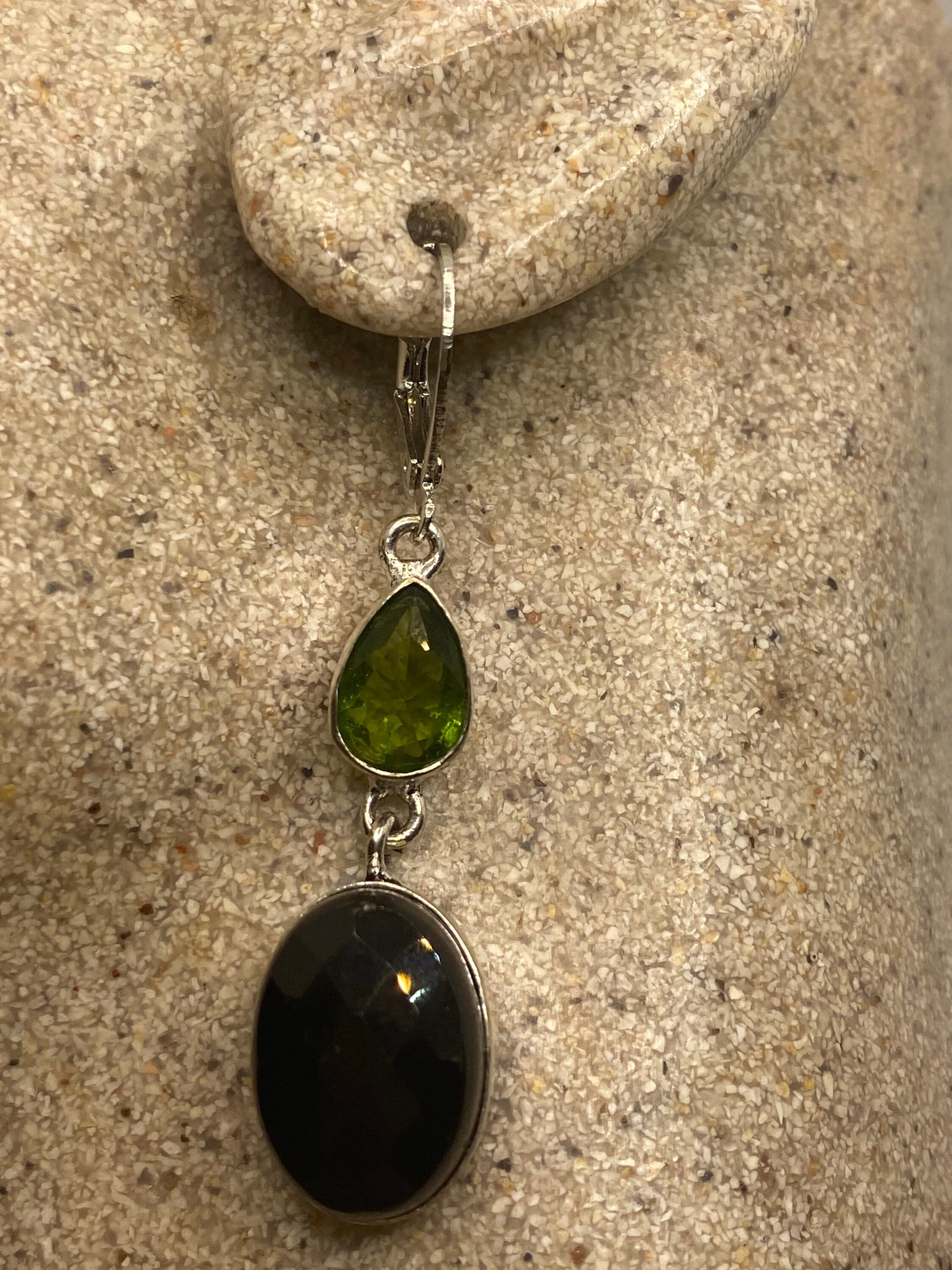 Vintage Black Onyx Green Peridot Earrings 925 Sterling Silver Deco Dangle Chandelier