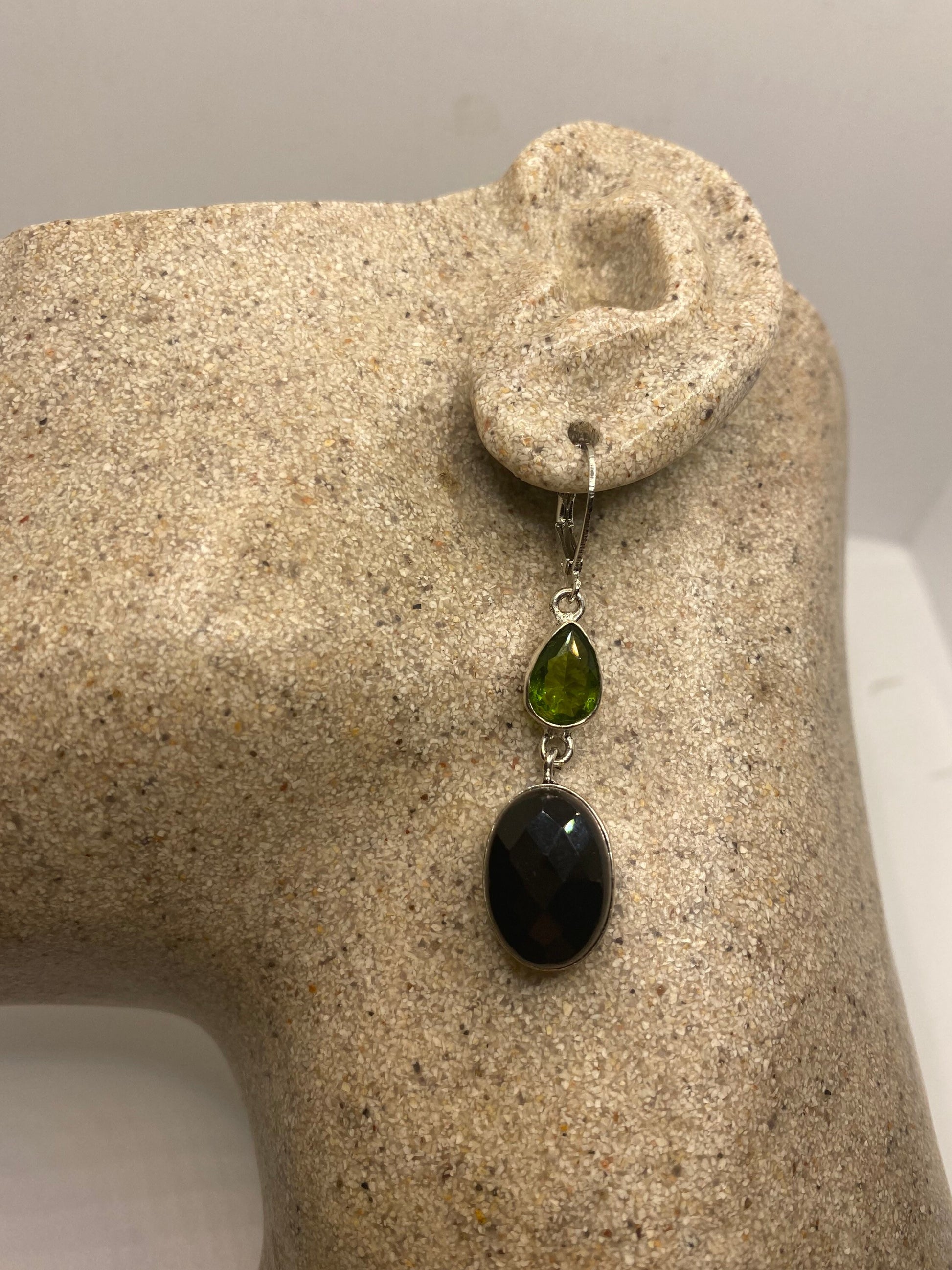 Vintage Black Onyx Green Peridot Earrings 925 Sterling Silver Deco Dangle Chandelier