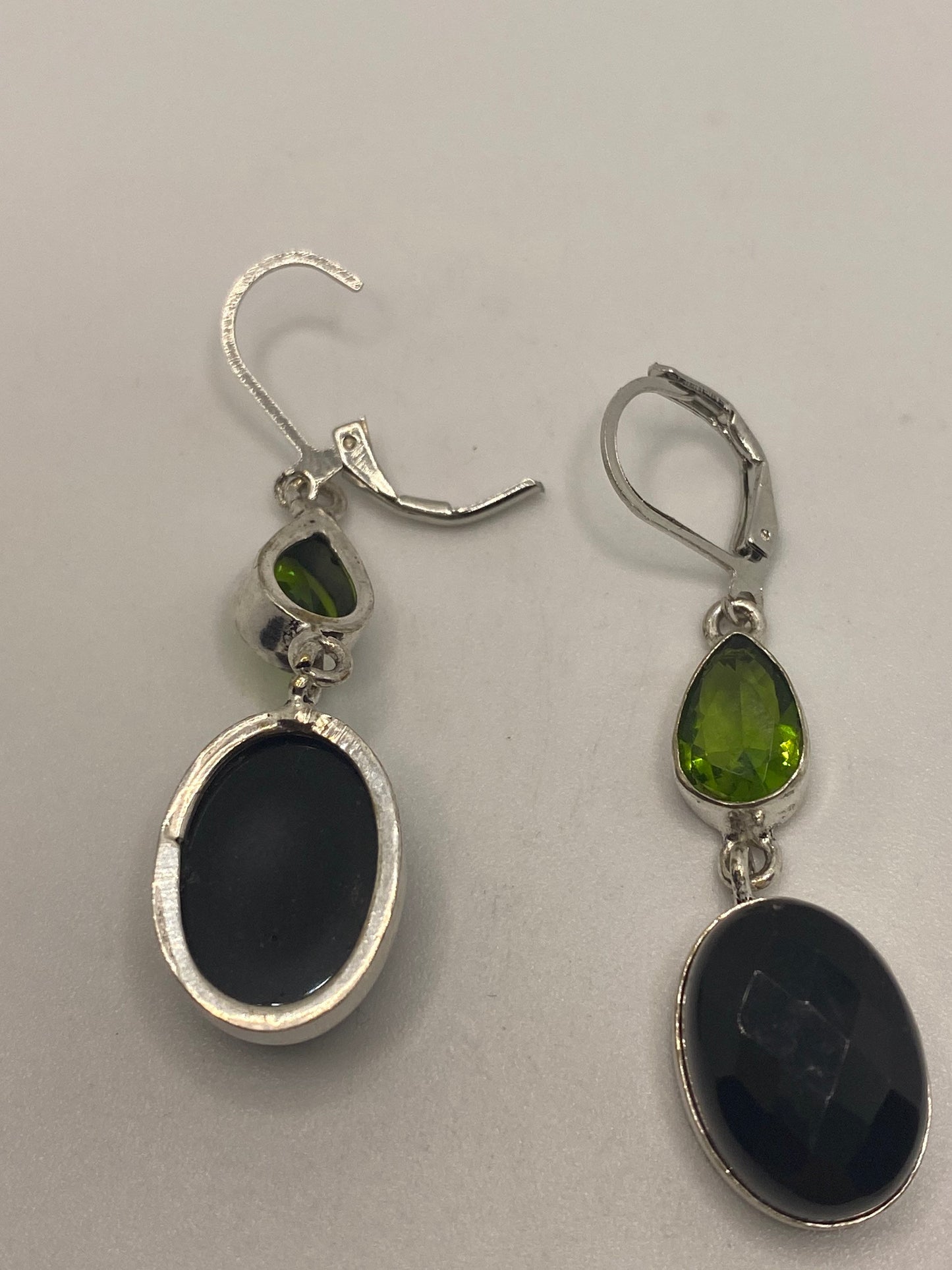 Vintage Black Onyx Green Peridot Earrings 925 Sterling Silver Deco Dangle Chandelier