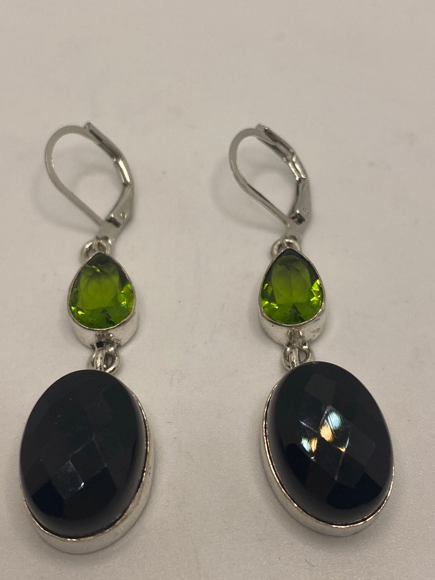 Vintage Black Onyx Green Peridot Earrings 925 Sterling Silver Deco Dangle Chandelier