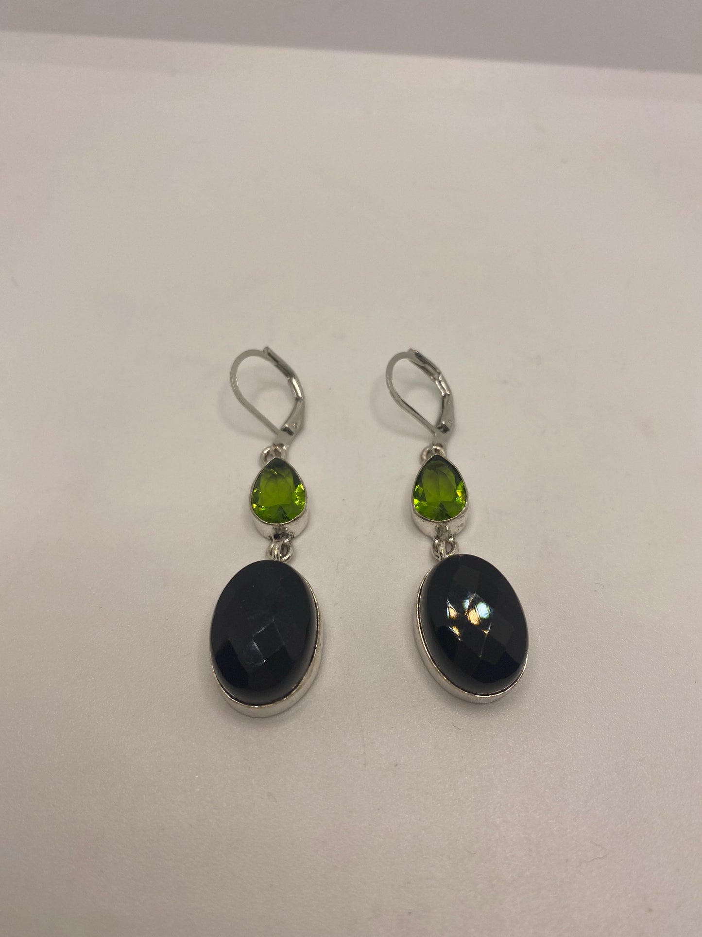 Vintage Black Onyx Green Peridot Earrings 925 Sterling Silver Deco Dangle Chandelier