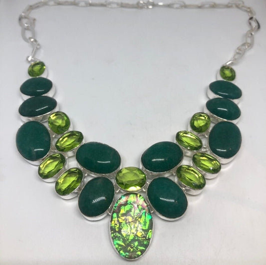 Green Handmade Gothic Styled Silver Finished Genuine Facetted Antique Glass and Green chrysoprase Jade collar bib Necklace