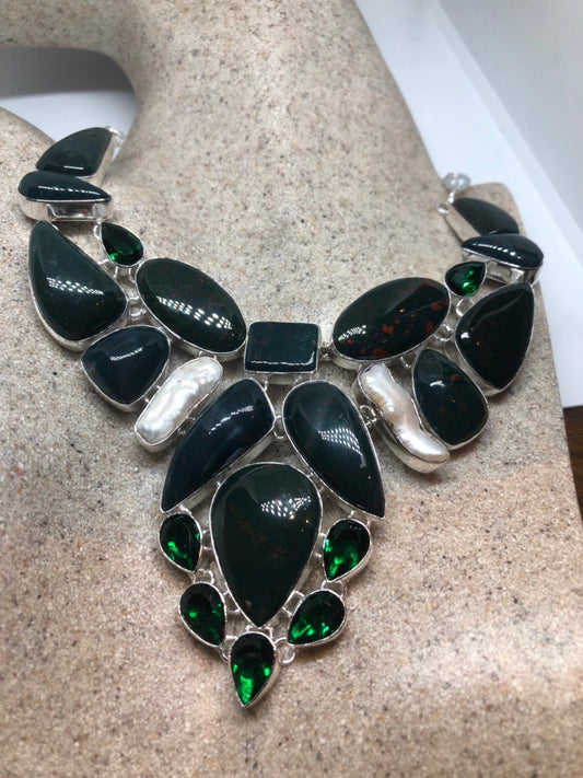 Green Handmade Gothic Styled Silver Finished Genuine Facetted Antique Glass and Green chrysoprase Jade collar bib Necklace