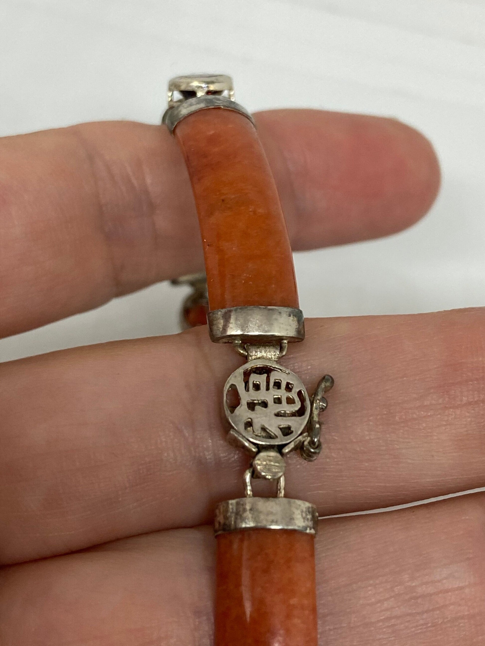 Vintage Orange Jade Tennis Bracelet in 925 Sterling Silver