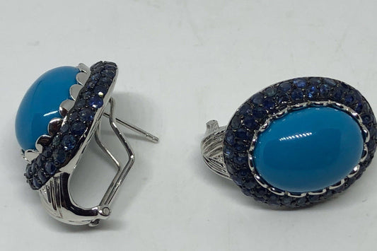 Vintage Mixed Genuine Blue Sapphire Turquoise Gemstone 925 Sterling Silver Earrings