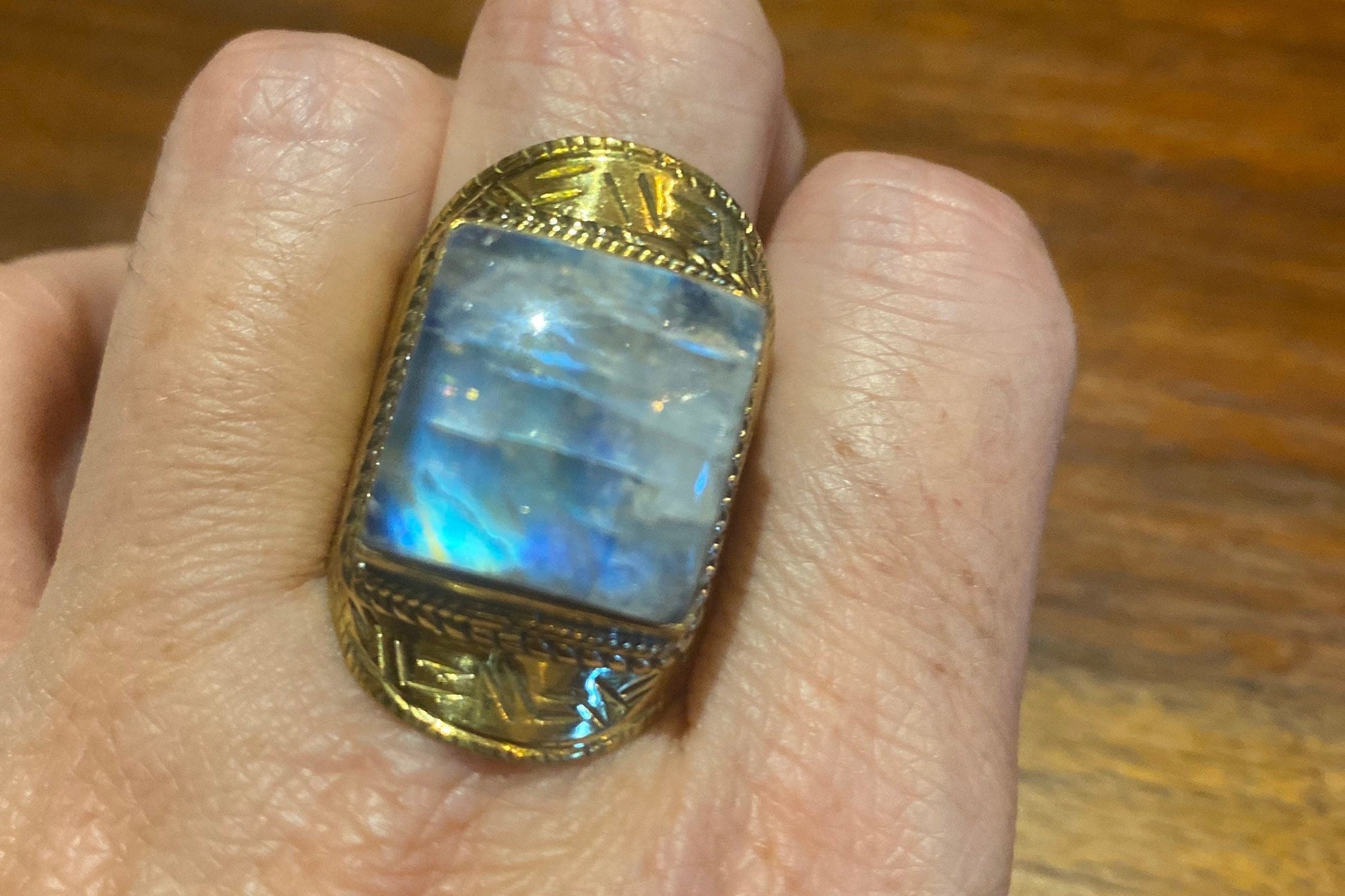 Vintage Large Rainbow Labradorite Stone Brass Ring