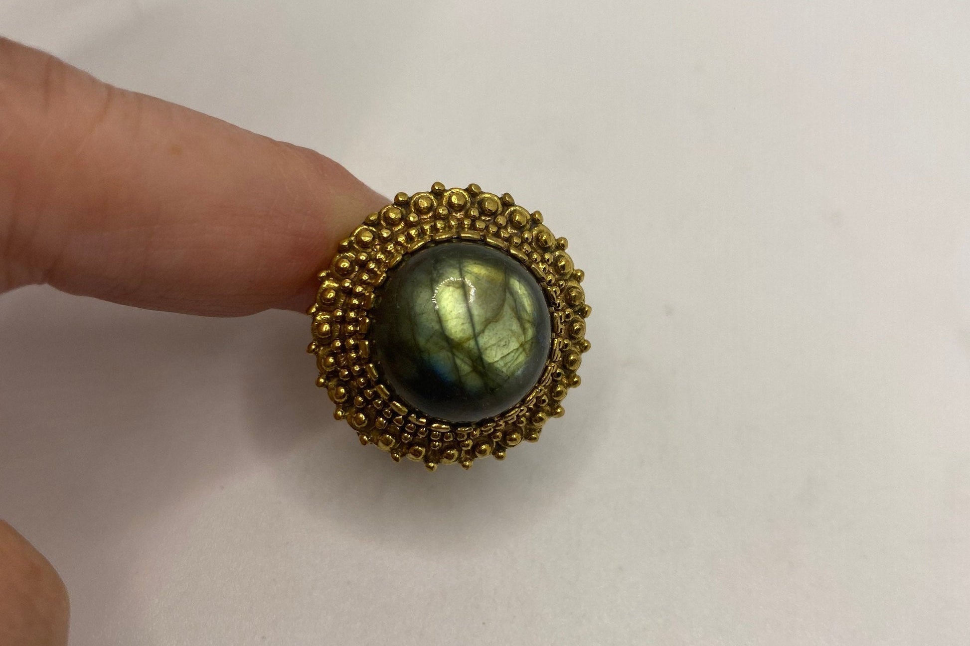 Vintage Large Rainbow Labradorite Stone Brass Ring