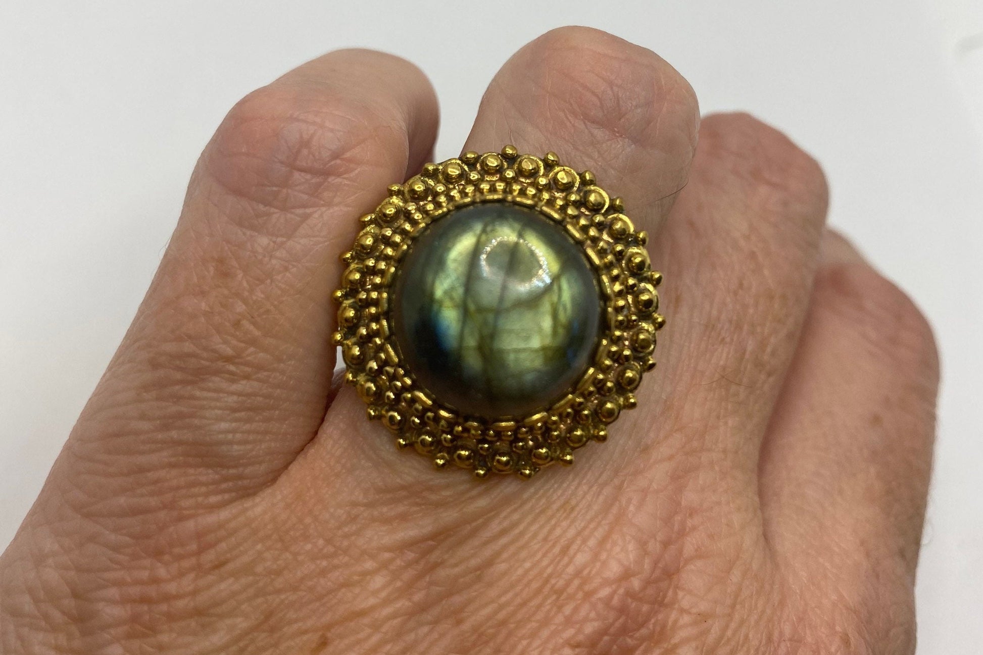 Vintage Large Rainbow Labradorite Stone Brass Ring