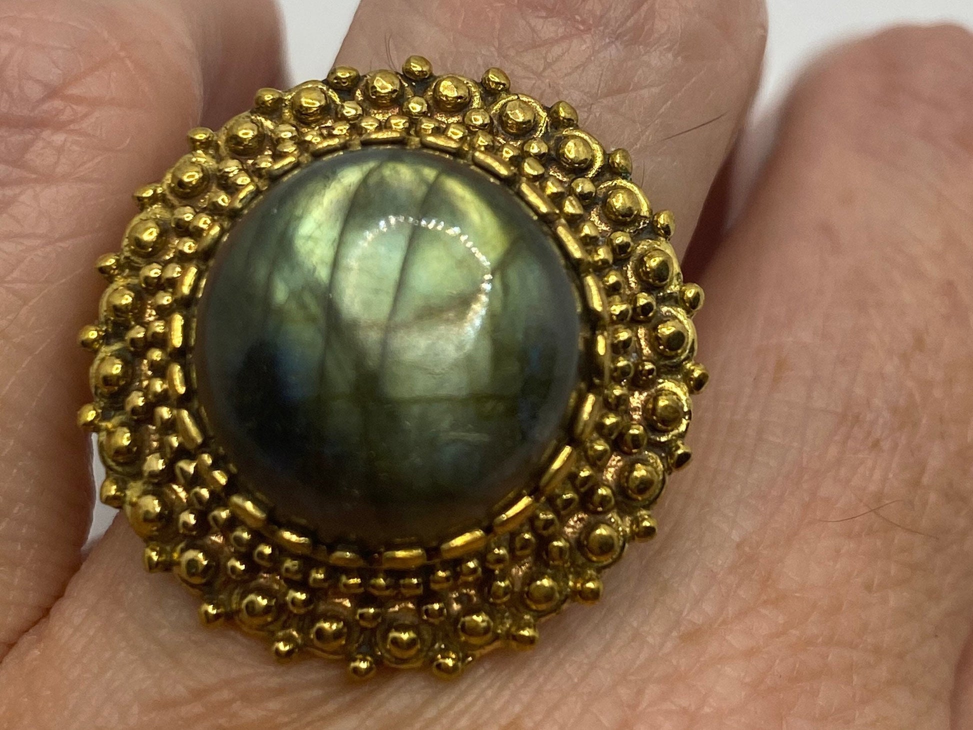 Vintage Large Rainbow Labradorite Stone Brass Ring