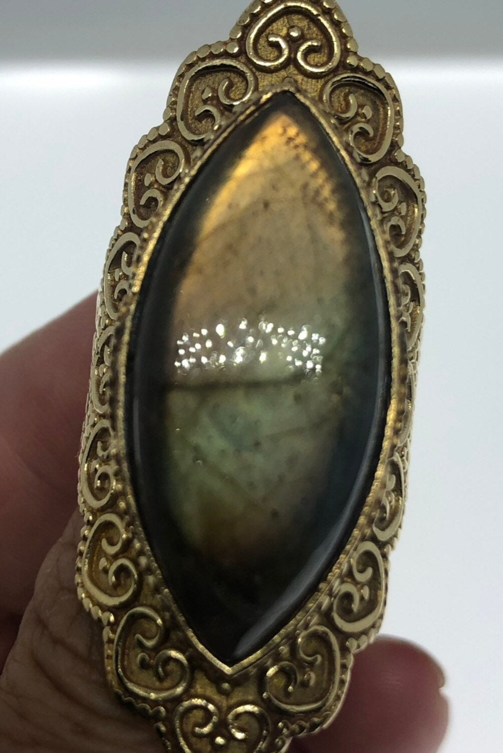 Vintage Large Rainbow Labradorite Stone Brass Ring