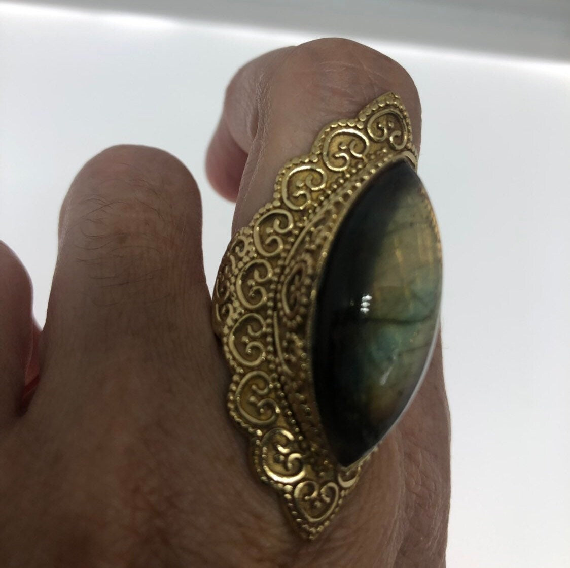 Vintage Large Rainbow Labradorite Stone Brass Ring