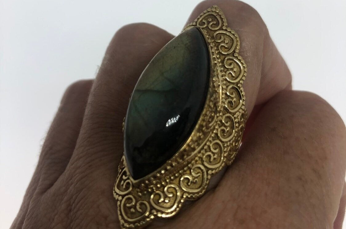 Vintage Large Rainbow Labradorite Stone Brass Ring