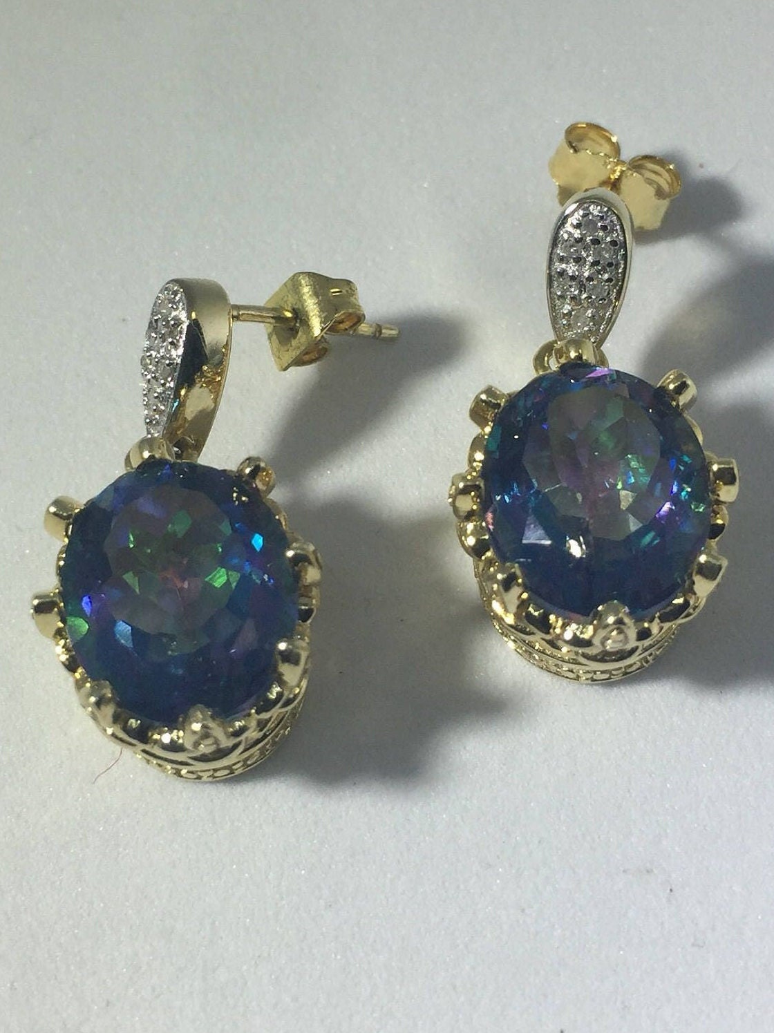 Vintage Handmade Golden 925 Sterling Silver Deep Blue Mystic Topaz Earrings