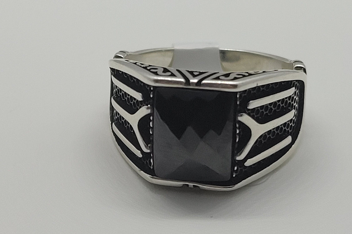 Vintage Black Onyx Mens Ring in 925 Sterling Silver Persian Styled with Genuine Onyx