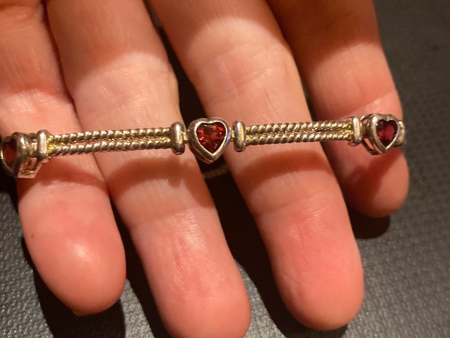 Vintage Bohemian Red heart Garnet Bracelet 925 Sterling Silver