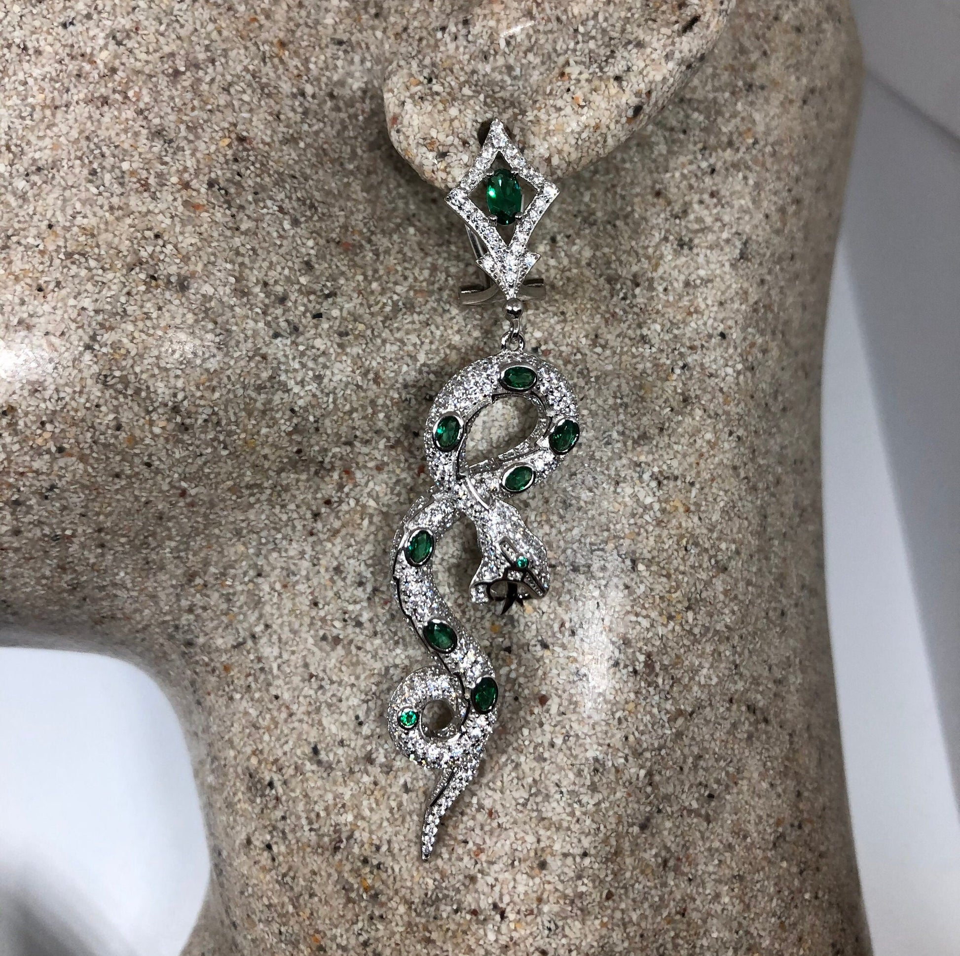 Vintage Green Chrome Diopside Snake Earrings 925 Sterling Silver