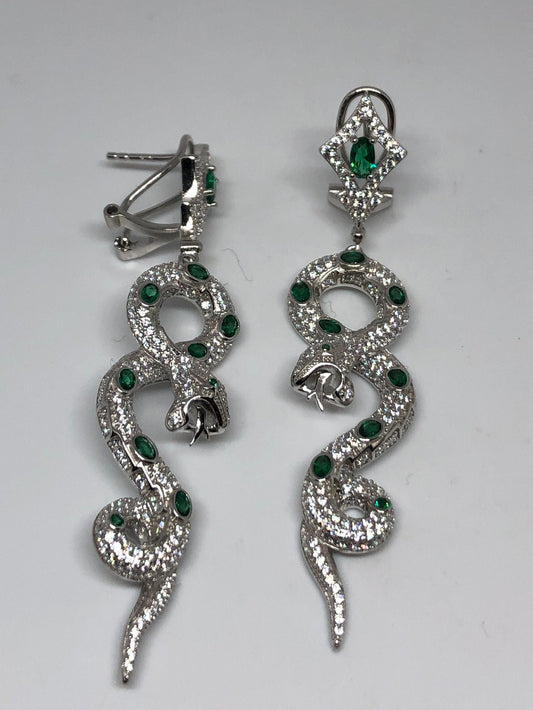 Vintage Green Chrome Diopside Snake Earrings 925 Sterling Silver