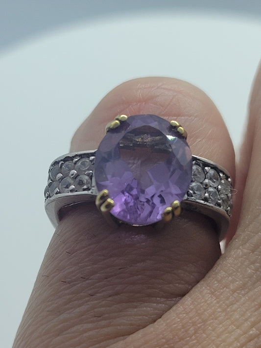 Vintage Purple Amethyst with White Sapphire Sidestones Ring in 925 Sterling Silver with 14k Gold Accent