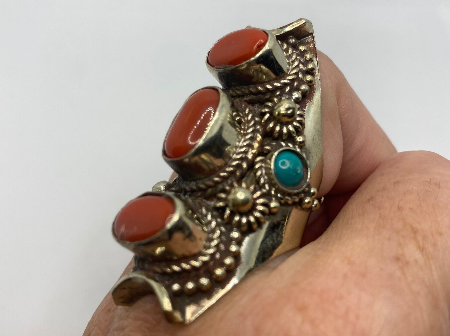 Vintage Red Turquoise Tribal Brass Antique Ring