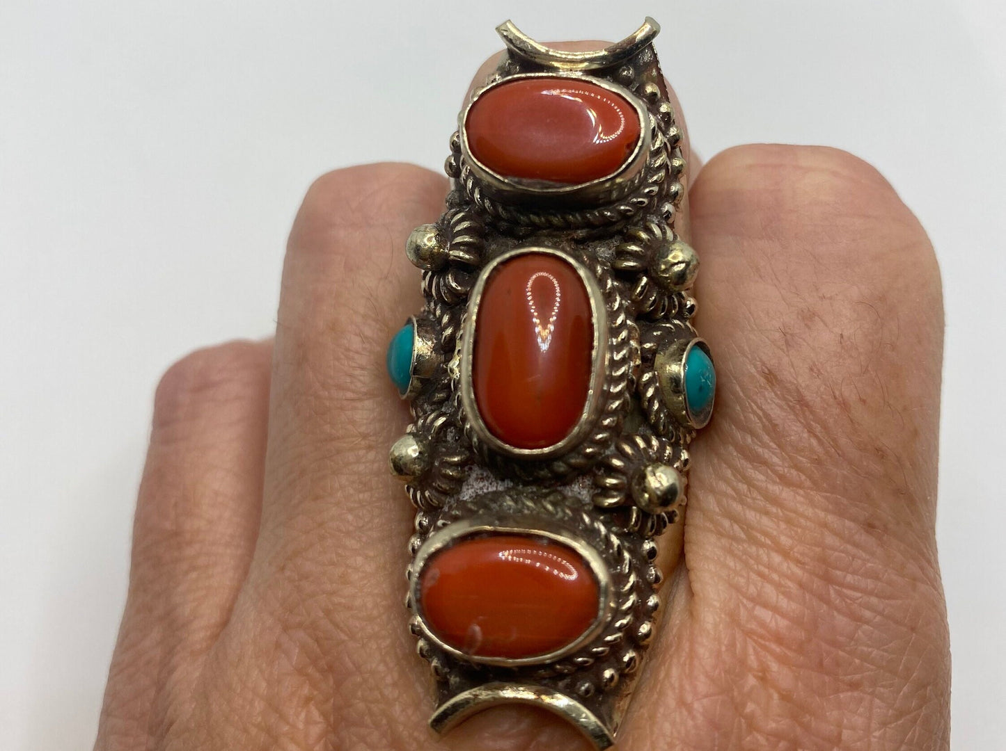 Vintage Red Turquoise Tribal Brass Antique Ring