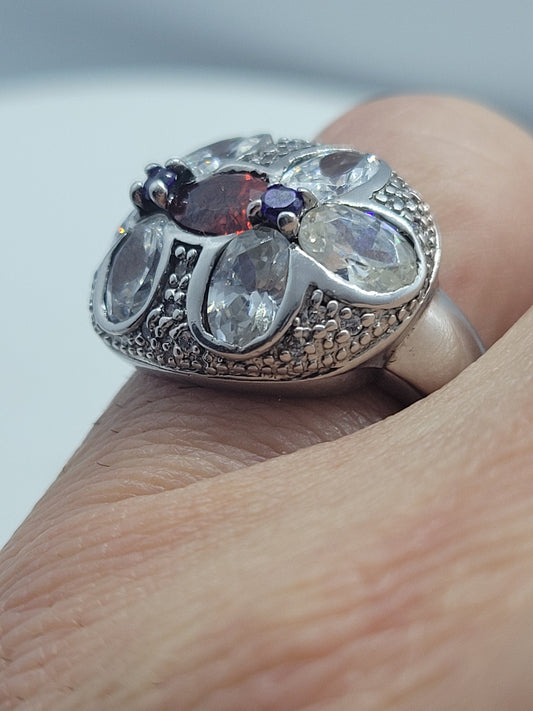 Vintage Red Garnet with Purple Amethyst Sidestones Surrounded by CZ Ring in 925 Sterling Silver