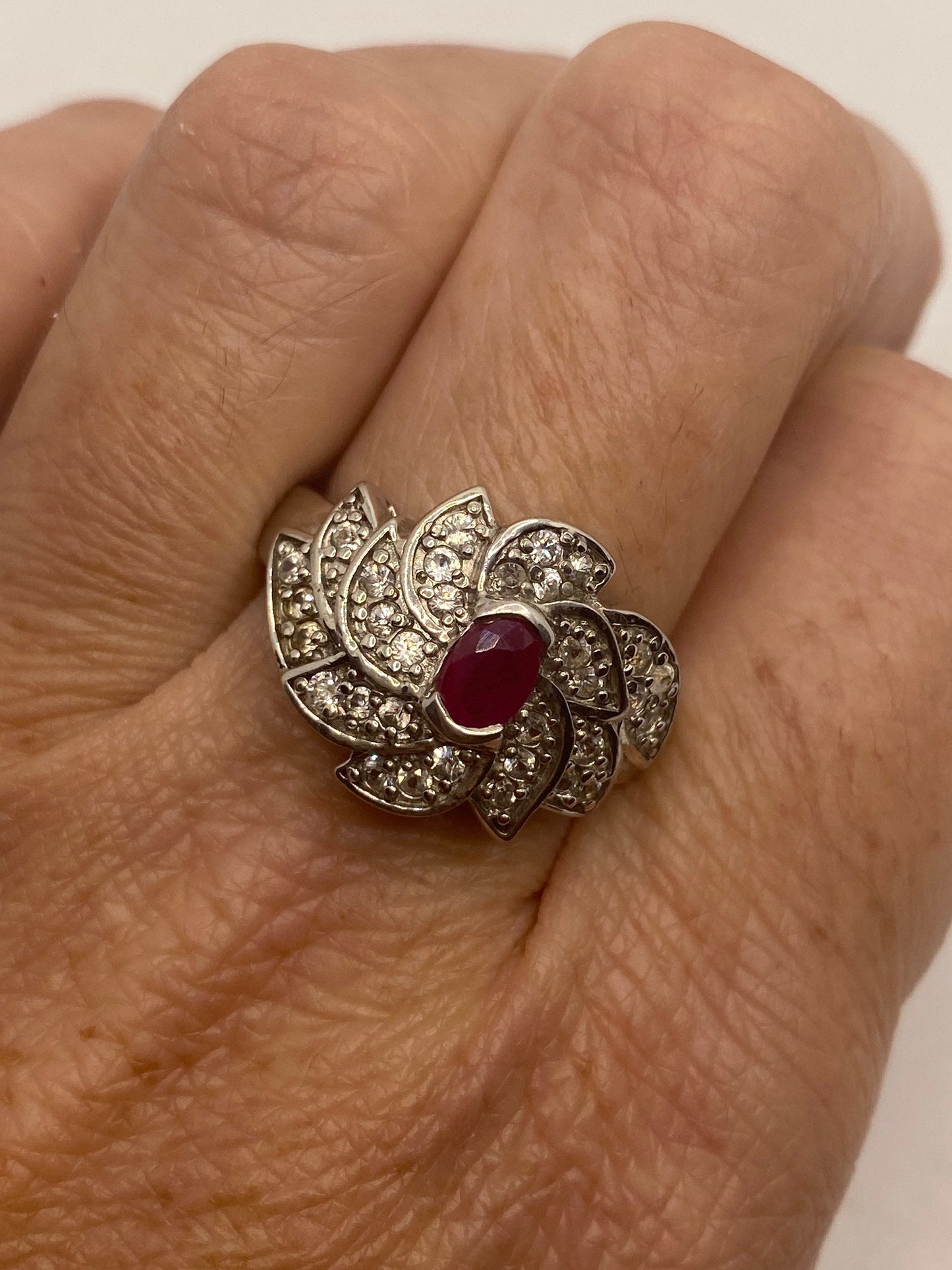 Vintage Pink Ruby 925 Sterling Silver Wedding Band Ring