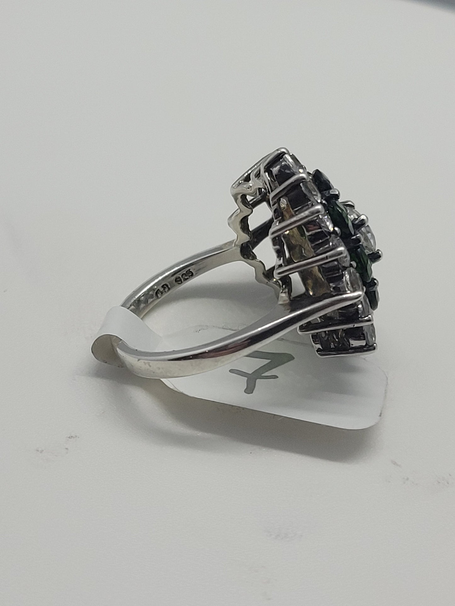 Vintage Green Chrome Diopside Cocktail Ring with White Topaz set in 925 Sterling Silver