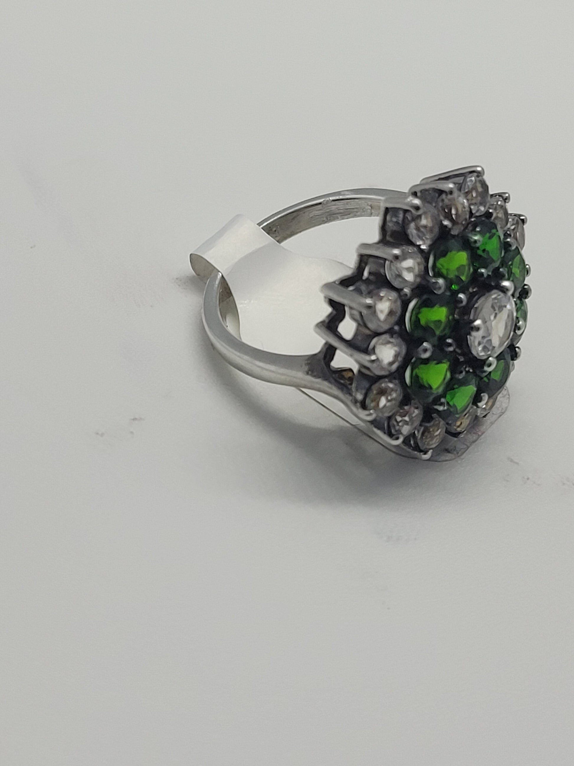 Vintage Green Chrome Diopside Cocktail Ring with White Topaz set in 925 Sterling Silver