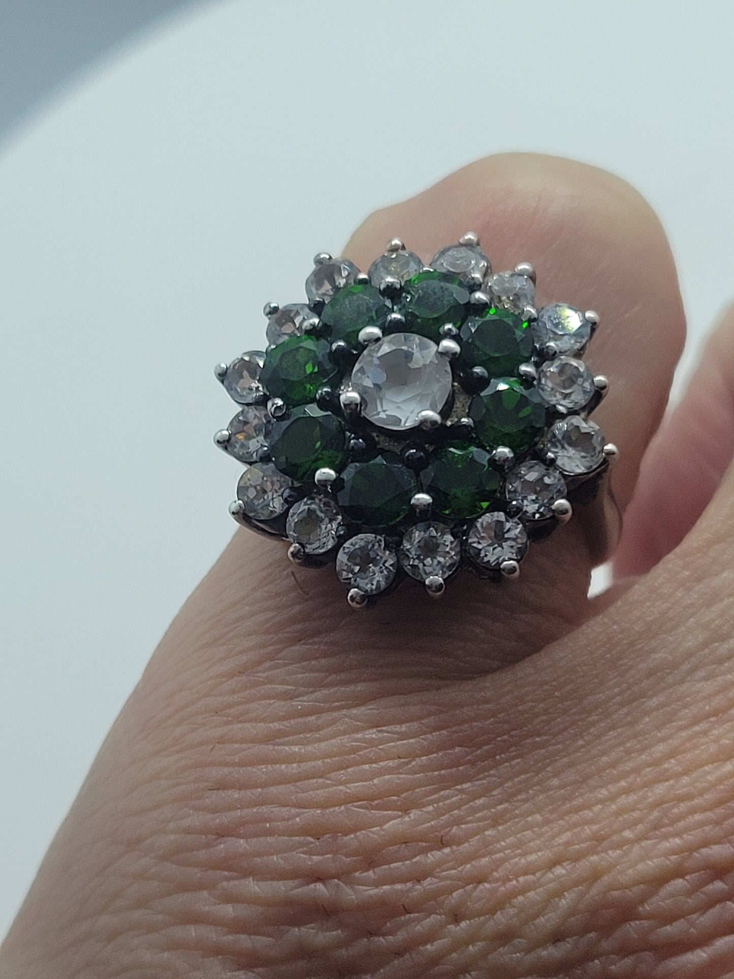 Vintage Green Chrome Diopside Cocktail Ring with White Topaz set in 925 Sterling Silver