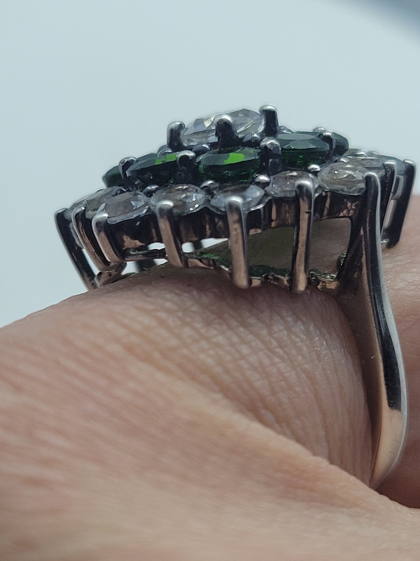 Vintage Green Chrome Diopside Cocktail Ring with White Topaz set in 925 Sterling Silver