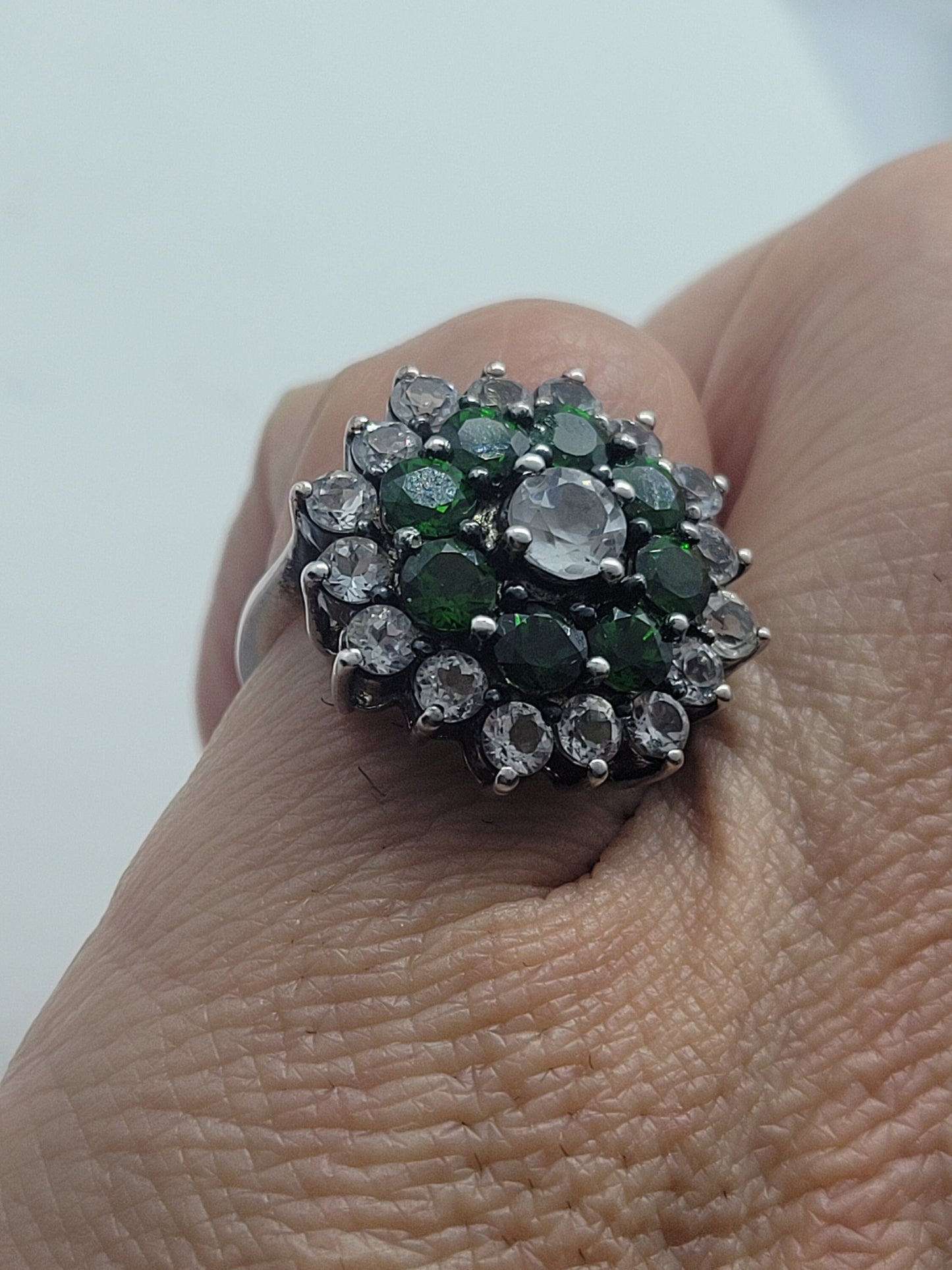 Vintage Green Chrome Diopside Cocktail Ring with White Topaz set in 925 Sterling Silver