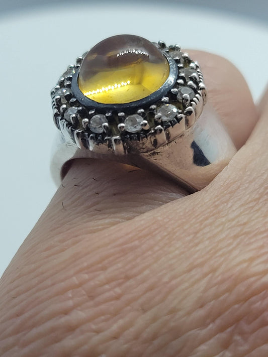 Vintage Yellow Citrine Ring with White Sapphires set in 925 Sterling Silver