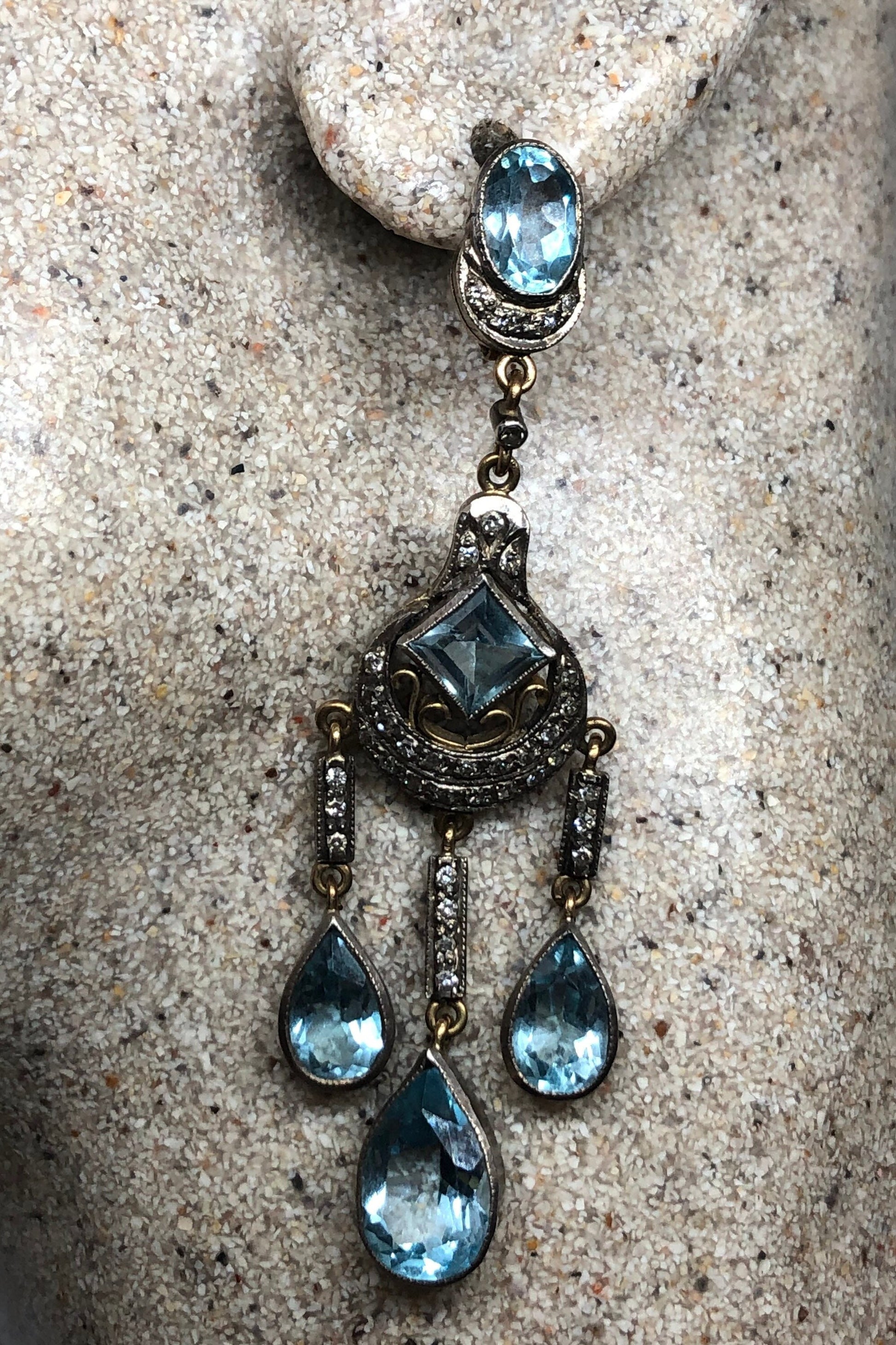 Vintage Blue Topaz Diamond Earrings 925 Sterling Silver Chandelier Shoulder Duster