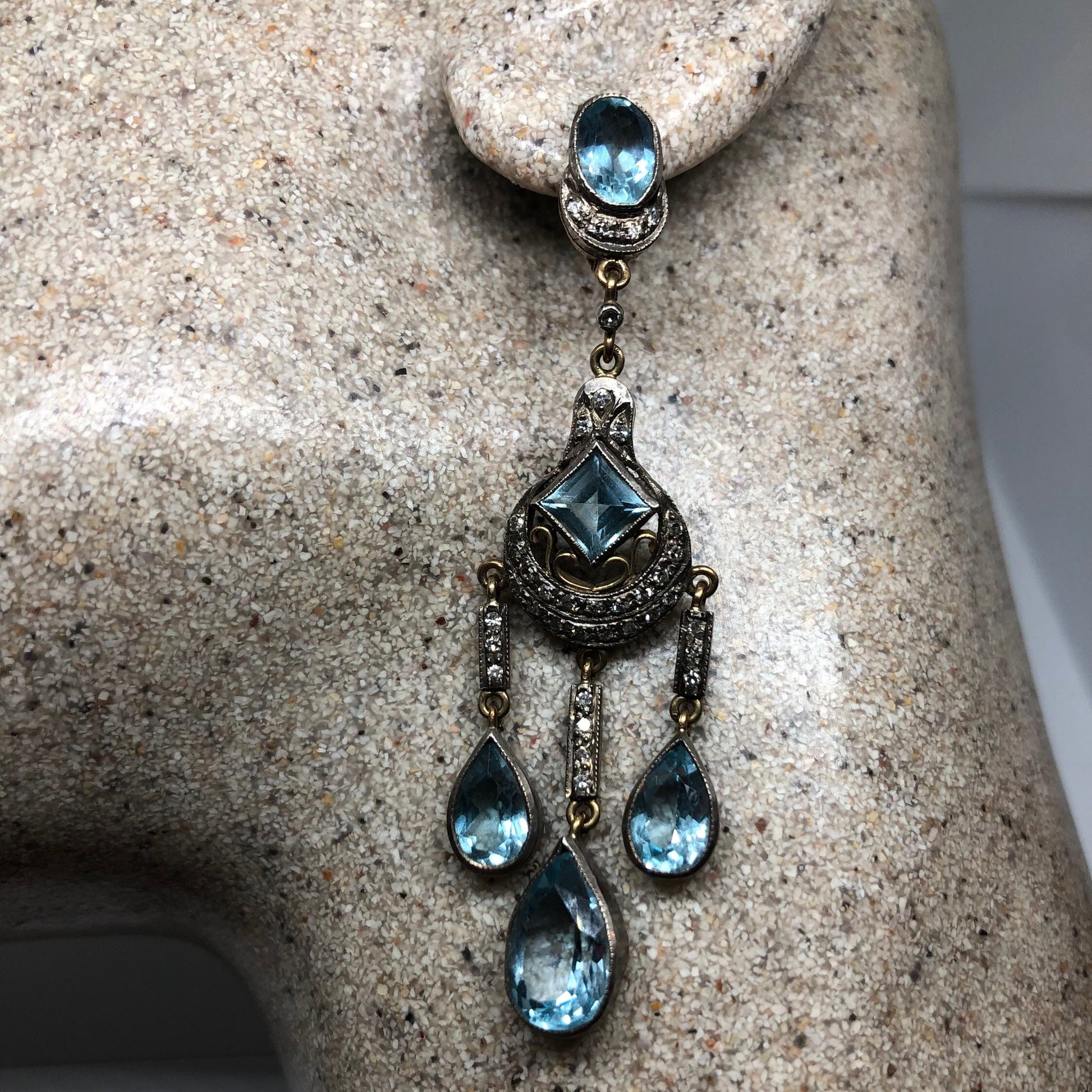 Vintage Blue Topaz Diamond Earrings 925 Sterling Silver Chandelier Shoulder Duster