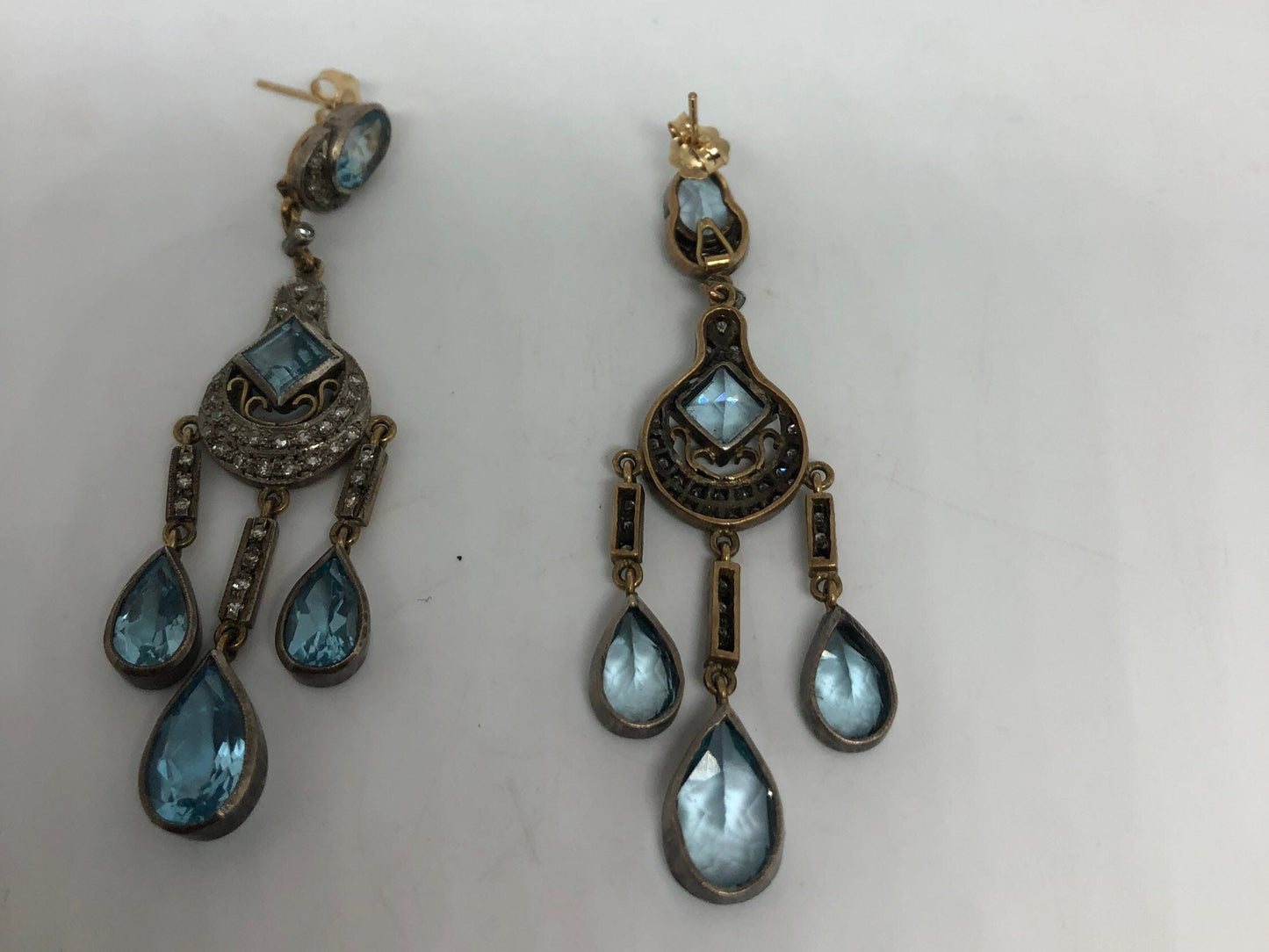 Vintage Blue Topaz Diamond Earrings 925 Sterling Silver Chandelier Shoulder Duster