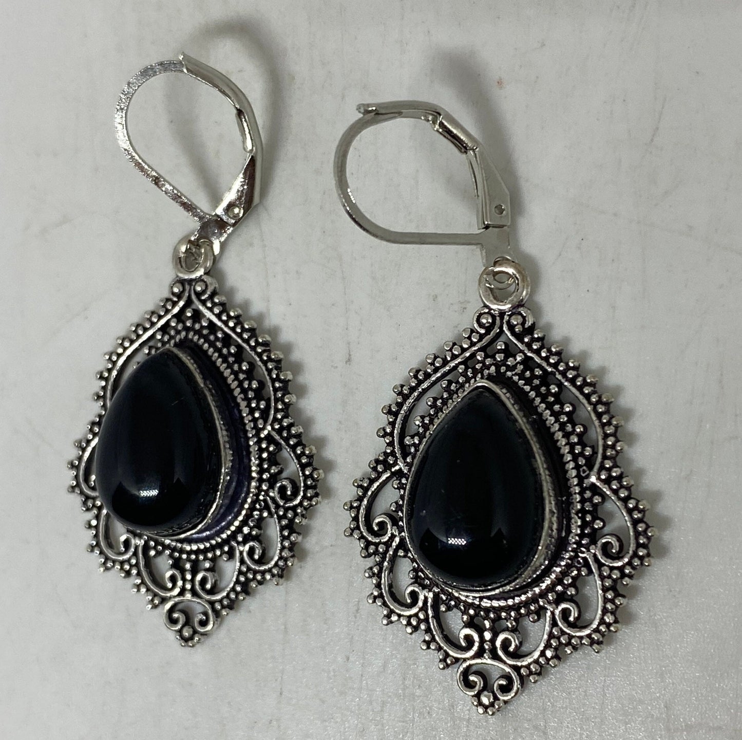 Vintage Genuine Black Onyx 925 Sterling Silver Deco Dangle Earrings