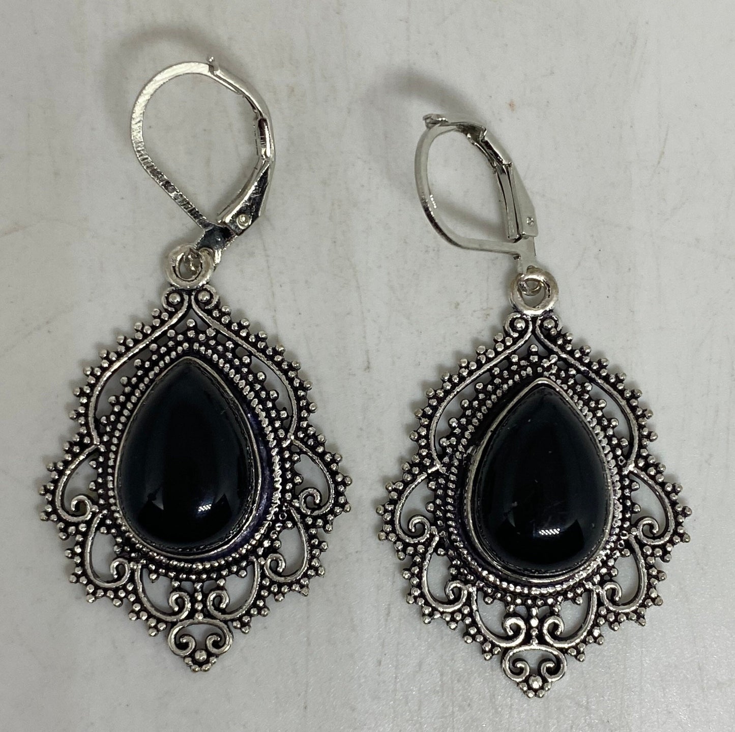 Vintage Genuine Black Onyx 925 Sterling Silver Deco Dangle Earrings