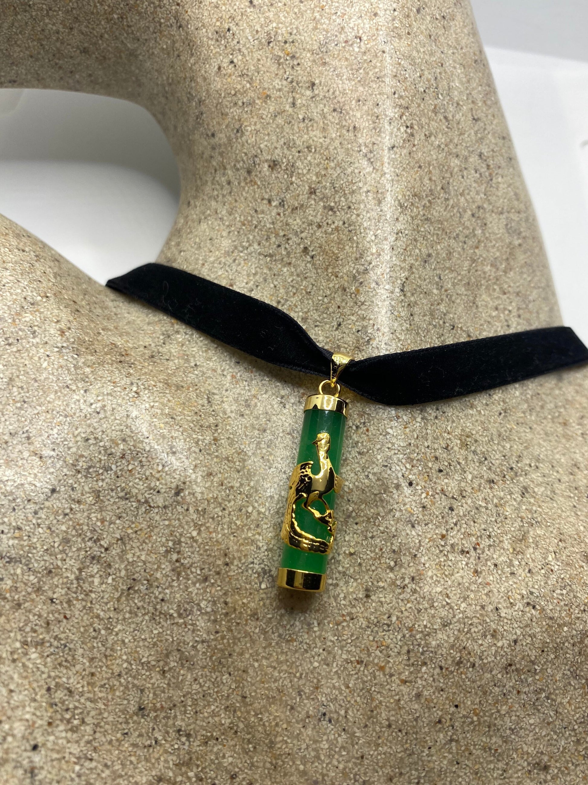 Vintage Green Jade Choker Gold Finish Dragon Necklace Pendant