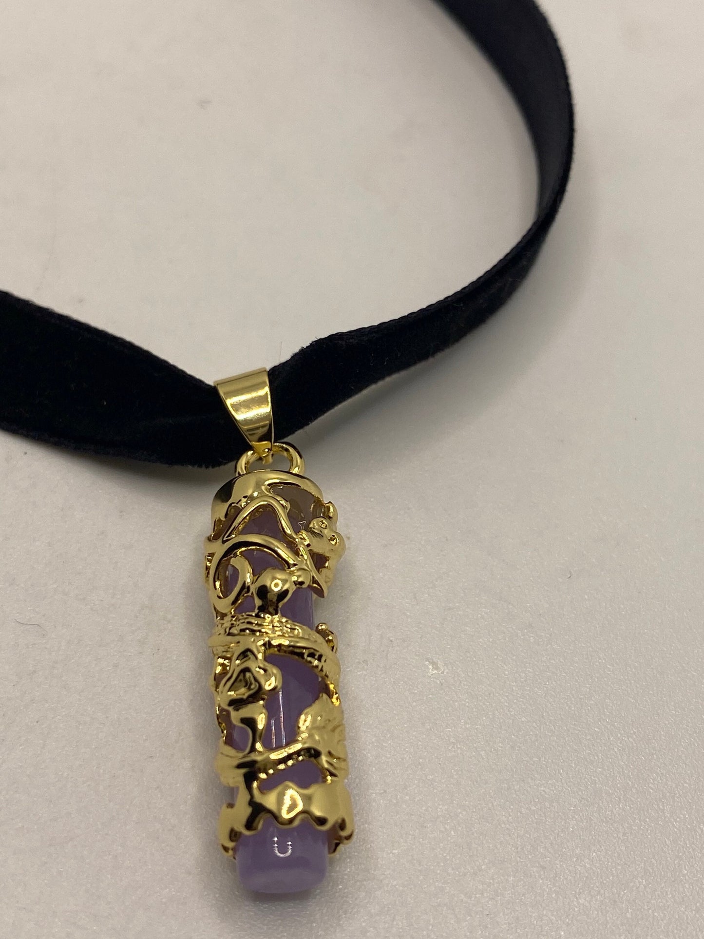 Vintage Lavender Jade Choker Gold Finish Dragon Necklace Pendant