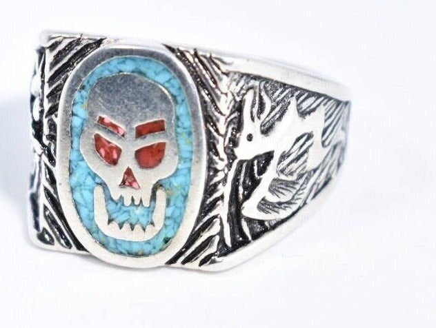 Skull ring with blue turquoise and red coral in white bronze