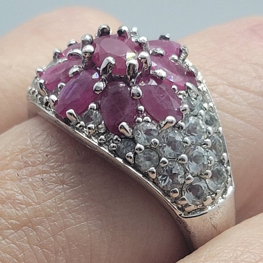 Vintage Red Ruby with White Sapphire Ring in 925 Sterling Silver