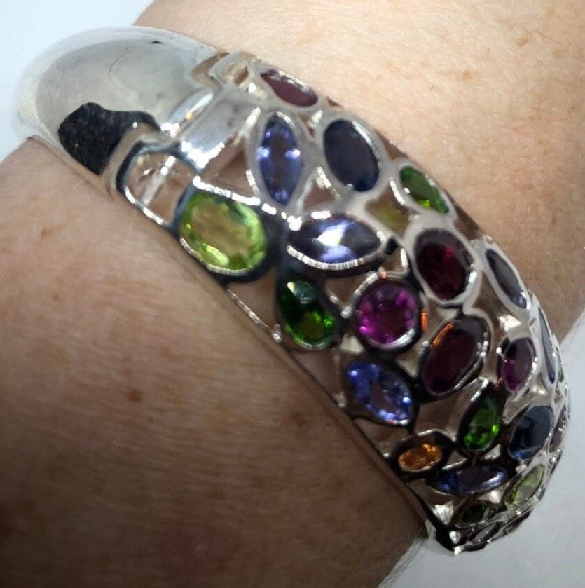 Vintage Mixed Gemstone 925 Sterling Silver Deco Bangle Bracelet