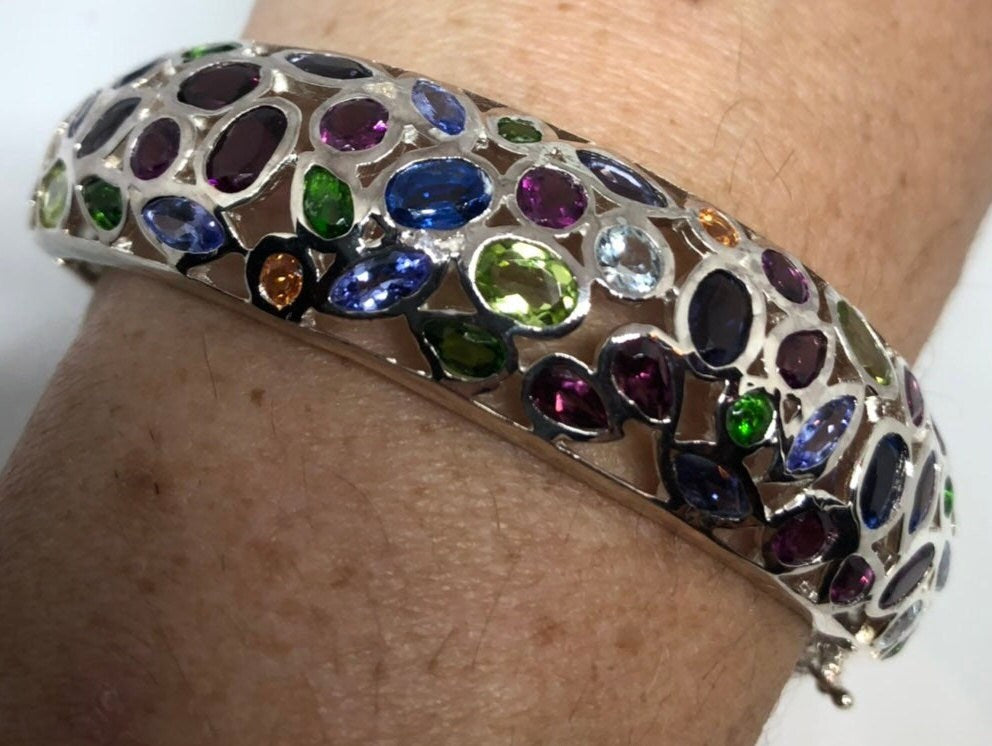 Vintage Mixed Gemstone 925 Sterling Silver Deco Bangle Bracelet