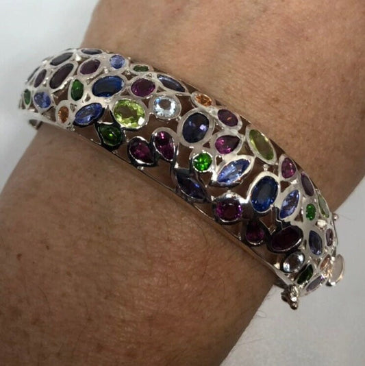 Vintage Mixed Gemstone 925 Sterling Silver Deco Bangle Bracelet