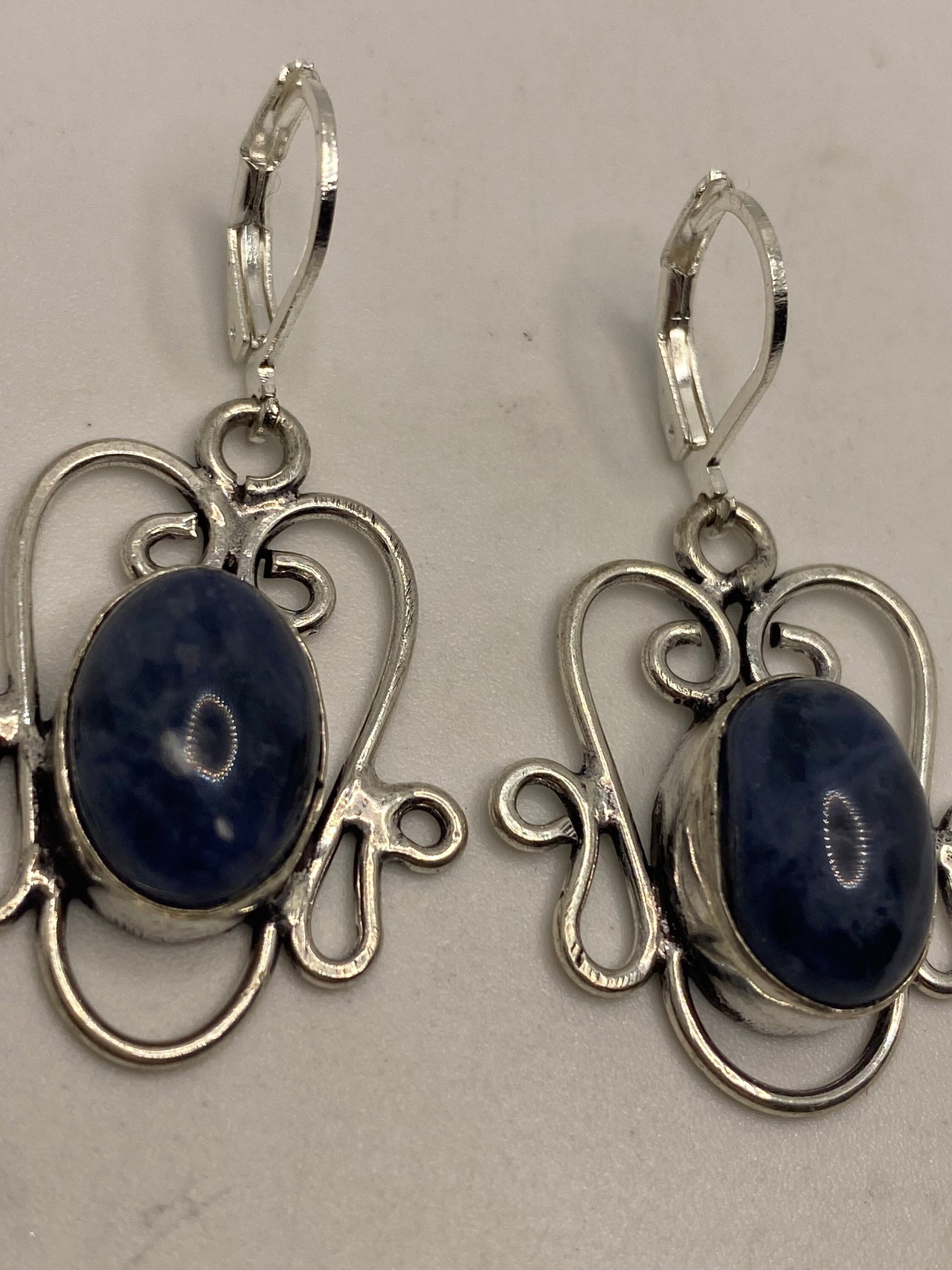 Vintage Blue Lapis Lazuli Earrings Silver Dangle