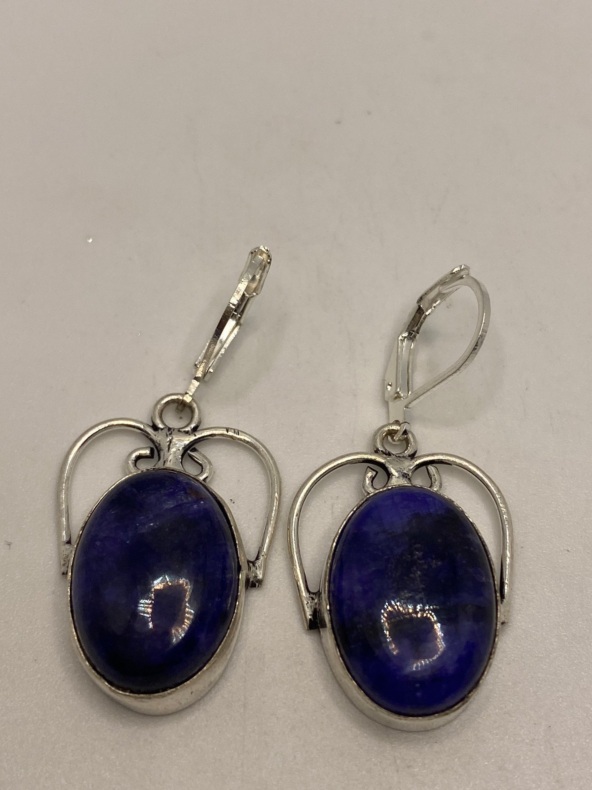 Vintage Blue Lapis Lazuli Earrings Silver Dangle